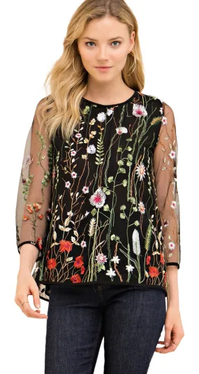 Always in Bloom Floral  Embroidered Top, Black