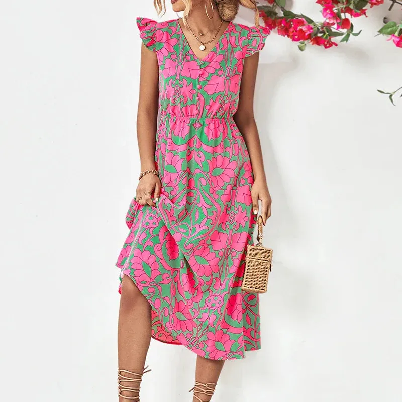 Boho Sleeveless Ruffle A-line Vintage Midi Dress for Summer Beach