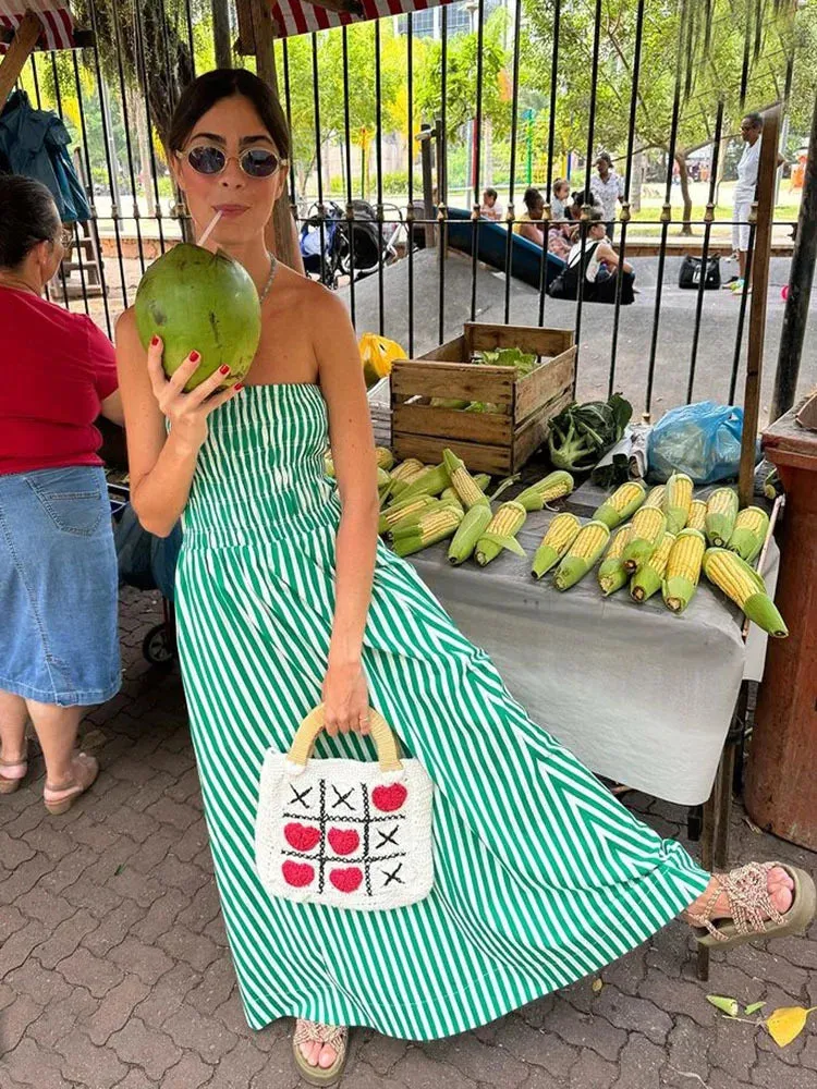 Green Stripes Tube Long Beach Off Shoulder Backless Casual Fashion Bust Elastic Women's Boho Dress