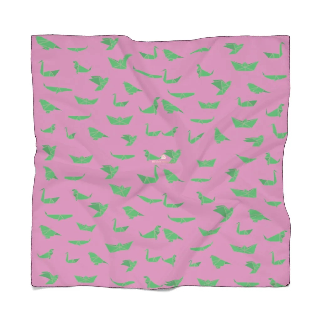 Pink Japanese Poly Scarf, Cute Crane Birds Print Ladies Fashion Accessories- Made in USA