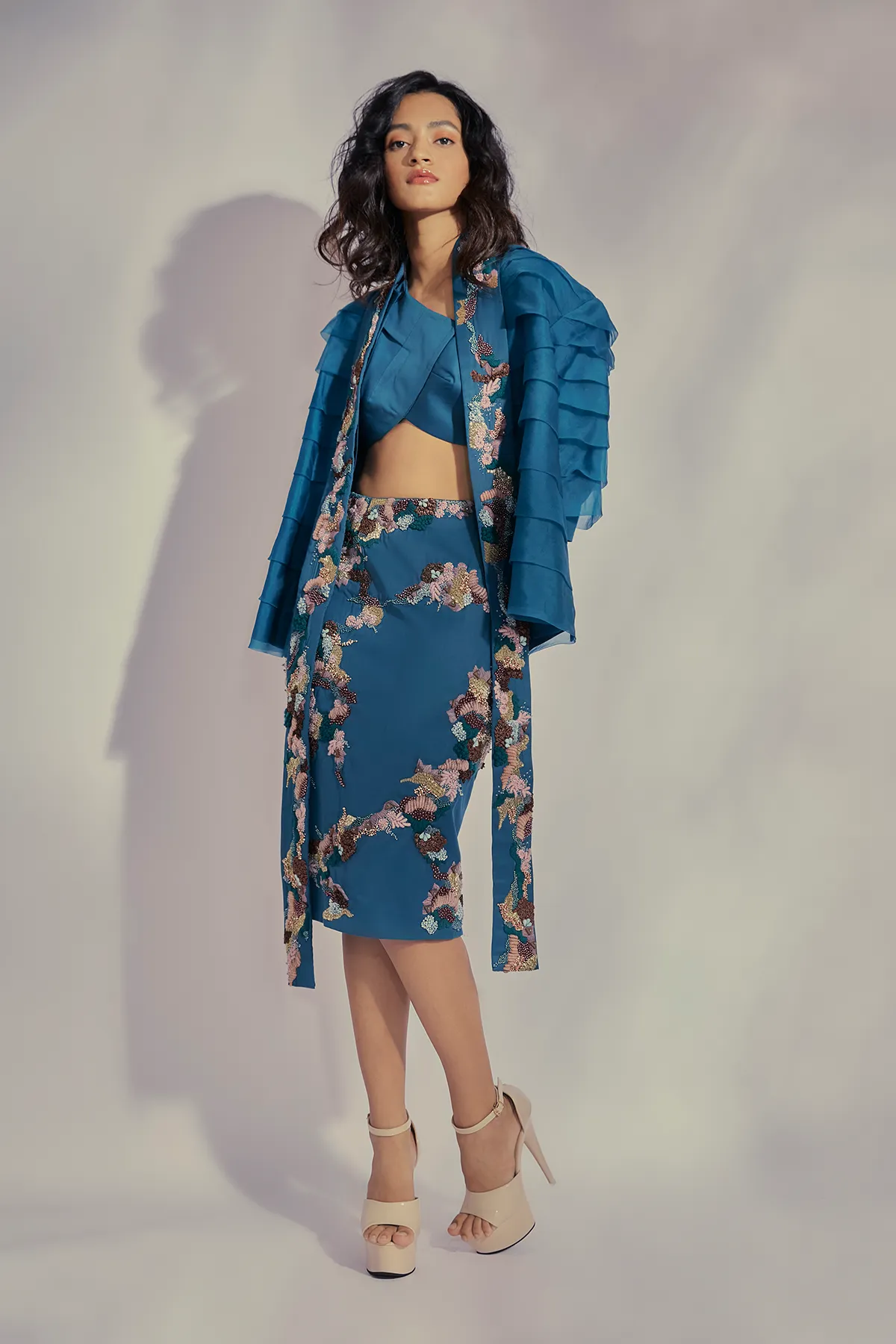 Pleated-sleeved Teal Layered Jacket