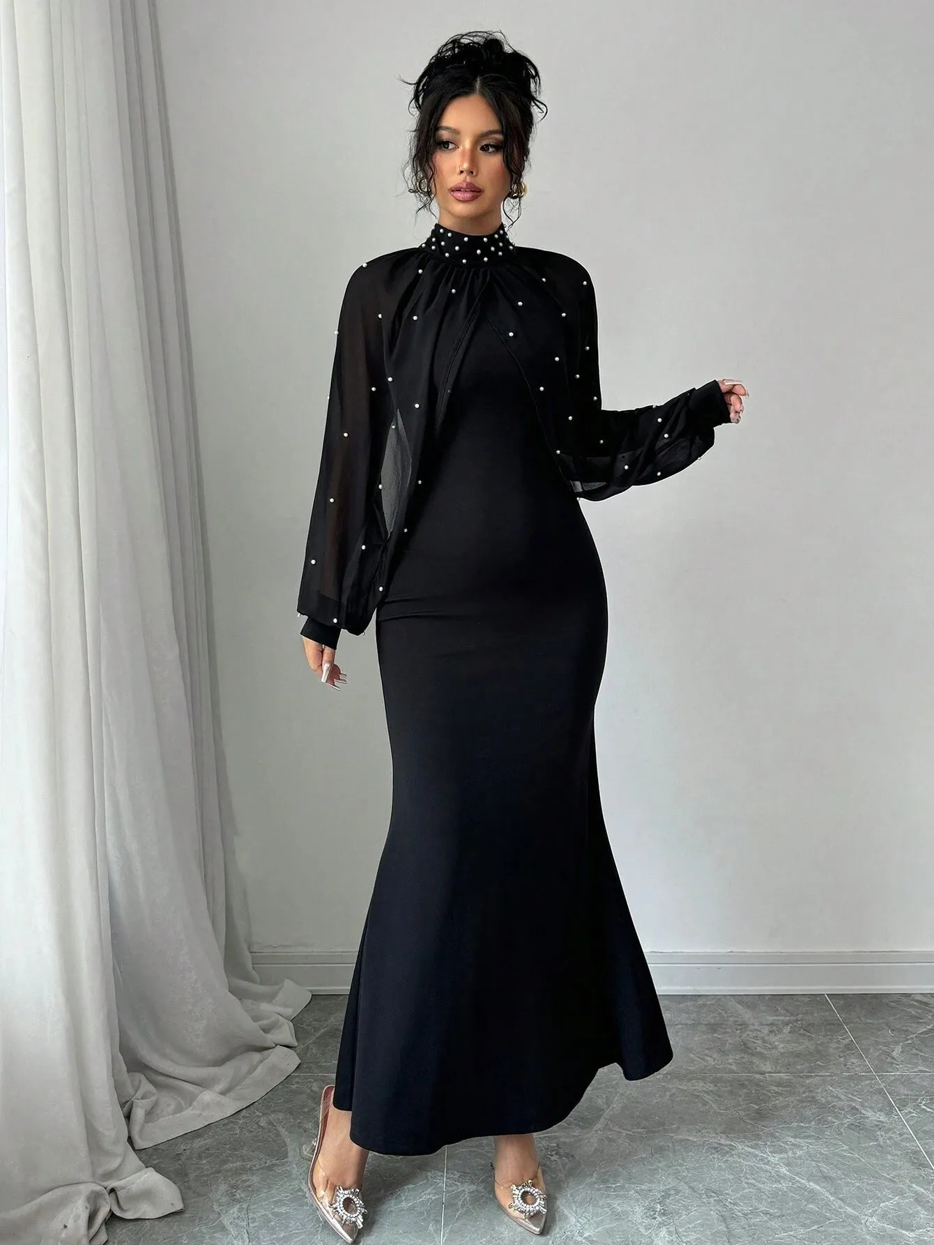 SHEIN Elenzya Elegant Pearl Beaded Collar Mermaid Dress, Autumn