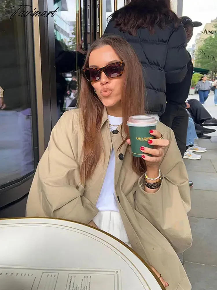TAVIMART - Women Khaki Cloak Lantern Sleeve Coat Turn Down Collar Short Coat Vintage Lapel Button Accessories Chic Cape Coat Fashion