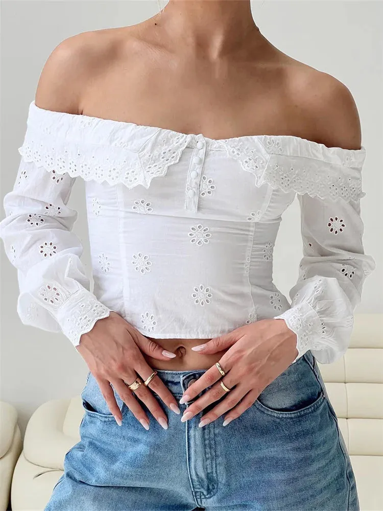 Women's Lace Flowers Hollow Out Crop Top - Long Sleeve Slash Neck Off Shoulder Ruffles - Solid Blouse